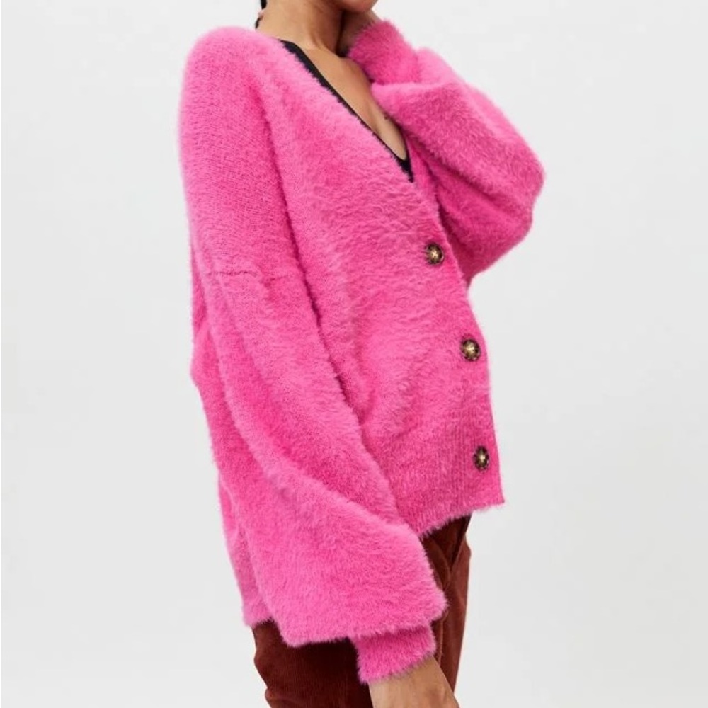 Urban Outfitters Thea Fuzzy Hot Pink Button Front Cardigan Small